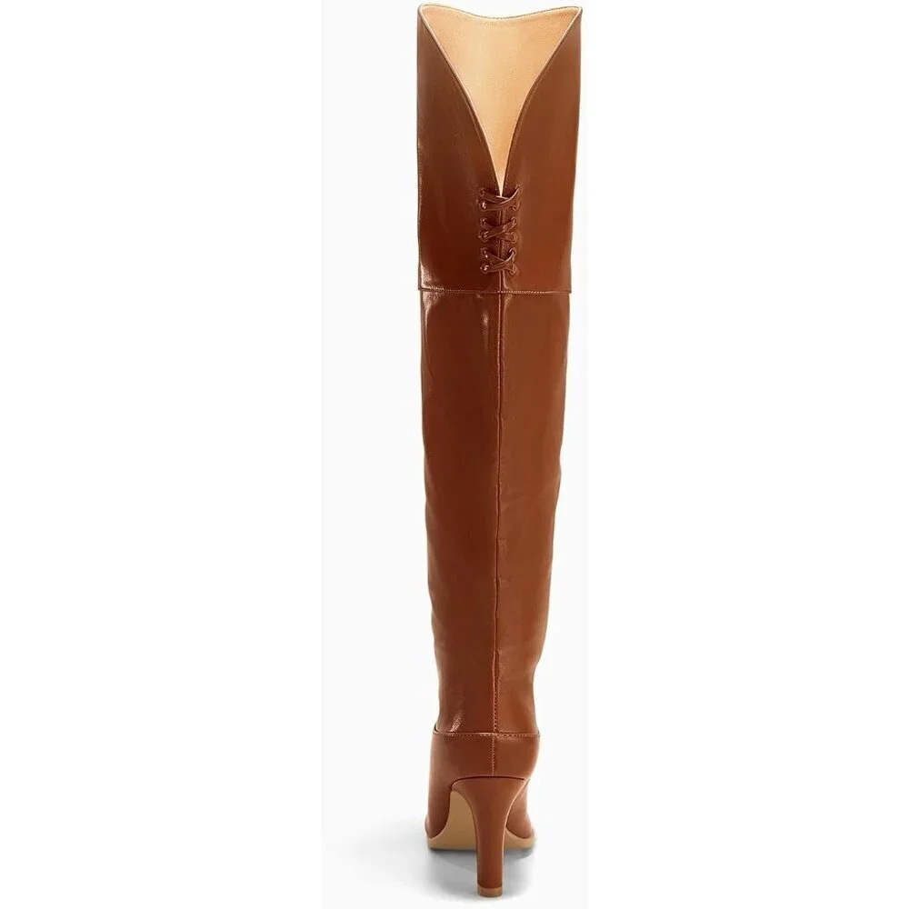 Womens Brown Synthetic Thigh High Pointed Toe Chunky Heel Over the Knee Boots